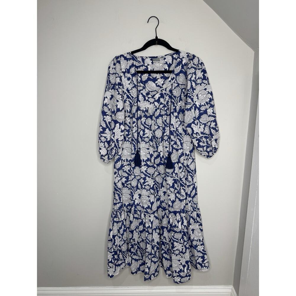 Boho Lightweight Cotton Maxi dress With Ruffle Tassels Blu Floral -Medium
